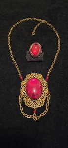 Antique Necklace And Ring.red Glass Cabachons. Filigree Work. - Picture 1 of 12