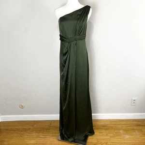 Dessy Collection 3111 Size 8 Olive Green One-Shoulder Satin Maxi Dress Gown $261 - Picture 1 of 11