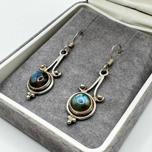 Vintage 925 Sterling Silver Labradorite Round Cabochon Earrings Dangle Drop - Picture 1 of 9