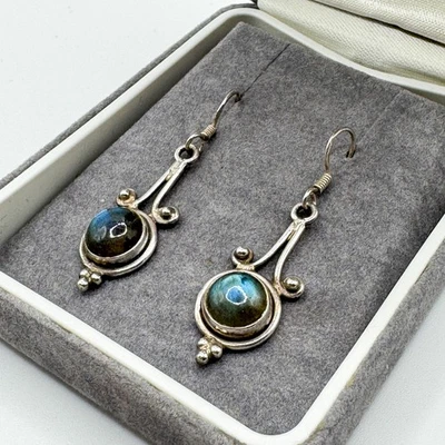 Vintage 925 Sterling Silver Labradorite Round Cabochon Earrings Dangle Drop - Image 1 of 4