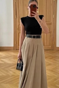 ZARA WOMAN SS25 SHOULDER PAD MIDI DRESS COTTON SAND/BLACK 0387/052 NWT_XS, M - Picture 1 of 21