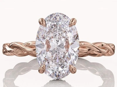 Anillo de compromiso de boda con halo oculto de oro rosa de 14 k con diamantes cultivados en laboratorio ovalados de 3,20 quilates Foto 1 de 4