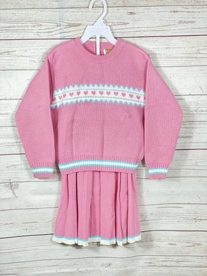 Vintage 1980s Pink Knitted Heart Sweater And Matching Skirt Set Girls Size 6 - Image 1 of 4