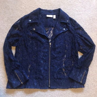 Chaqueta de moto de encaje Chico's para mujer talla 2 (US 12) cremallera frontal transparente boho romántica Foto 1 de 4