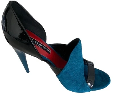 CHARLES JOURDAN Tacón de diseñador de gamuza verde azulado negro charol d'Orsay punta abierta 8 Foto 1 de 4