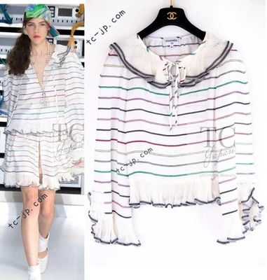 Blusa CHANEL 17S Blanca Multicolor Rayas Volantes Seda por Karl Lagerfeld 36 38 Foto 1 de 4