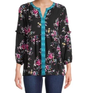 The Pioneer Blouson Empire Top Size S Black Floral V-Neck Embroidered 3/4 Sleeve - Picture 1 of 10