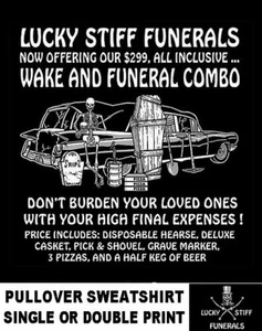 $299 Wake And Funeral Combo Old Hearse Used Coffin Beer & Pizza Skull Sweatshirt - Picture 1 of 12