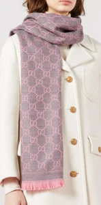 Gucci GG Jacquard Monogram 100% Wool Shawl Scarf - soft pink and graphite grey - Picture 1 of 2