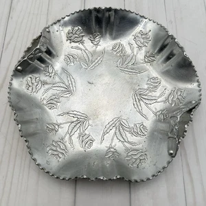 Vintage Forged Aluminum 9" Metal Tray Handles Embossed Roses Round - Picture 1 of 16