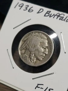 1936 D Büffel Nickel F schöne Münze #BN36D - Bild 1 von 2
