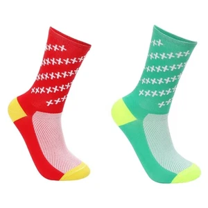 2Pairs Cycling Socks Pro Road Bicycle Riding Bike Sport Ankle Socks XC Green Red - Picture 1 of 7