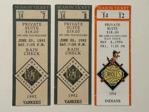 BALTIMORE ORIOLES PRIVATE SUITE TICKET STUBS 1992 VS YANKEES & 94 INDIANER - Bild 1 von 5