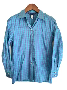 Austin Reed Silk Blouse Size 6 Aqua Purple Checked Button Up Long Sleeve EUC - Picture 1 of 5