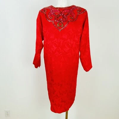 VINTAGE ANNE FRENCH SEQUIN BEADED SILK RED DRESS SIZE 10 - Image 1 of 4