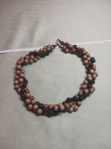 Red Brown Earth Tones Small Wood Bead Twist Necklace - 18" long 3 Strands - Picture 1 of 9