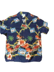 VTG 1950's Kole Kole Made Hawaii Thai SHIRT Medium Orange Floral Red Truck boat - Picture 1 of 10
