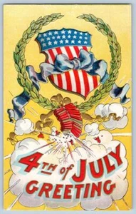 POSTAL ANTIGUA PATRIÓTICA EN RELIEVE PETARDOS SALUDO 4 DE JULIO DE 1910 - Imagen 1 de 2