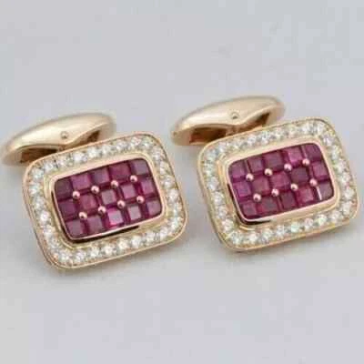 Mens Wedding Cufflink 14K Rose Gold Plated 2Ct Princess Cut Lab Created Red Ruby - Image 1 of 4