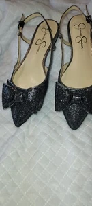 NEW JESSICA SIMPSON FLAT SHOES DRESSY BLINGY BLACK SILVER W/BOW 2 SIZES AVAIL - Picture 1 of 7