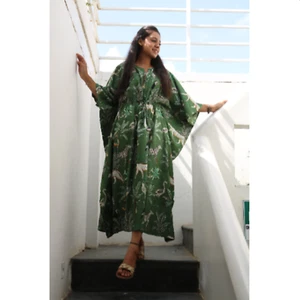 Cotton Kaftan for Women Night Suit Beach Cover Up Green Tiger Print Kaftan Dress - Picture 1 of 4
