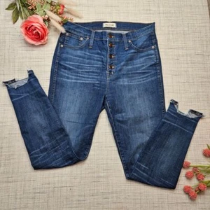Jeans skinny Madewell vita alta bottoni mosca orlo grezzo denim invecchiato taglia 30 - Foto 1 di 12
