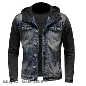 Men's Denim Jean Jacket Hooded Long Sleeve Casual Slim Fit Coat Biker Motorcycle - Picture 1 of 14