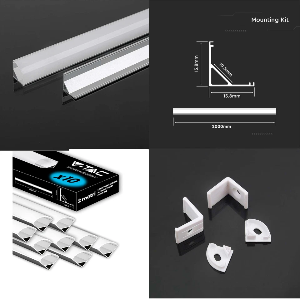 PROFILO ALLUMINIO 2m PER STRISCE STRIP LED BARRA RIGIDA PROFILATO KIT COMPLETO - Immagine 1 di 1