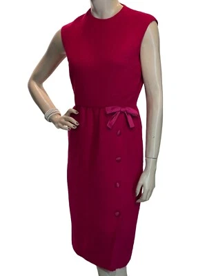S~M Vtg 60s Dress Wool Blend Boucle Faux WRAP Pencil SKIRT Buttons Bow LINED RED - Image 1 of 4