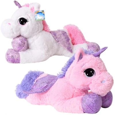 TE-Trend Plüschtier Einhorn Unicorn liegend 60cm weiß pink mit Flügel mehrfarbig