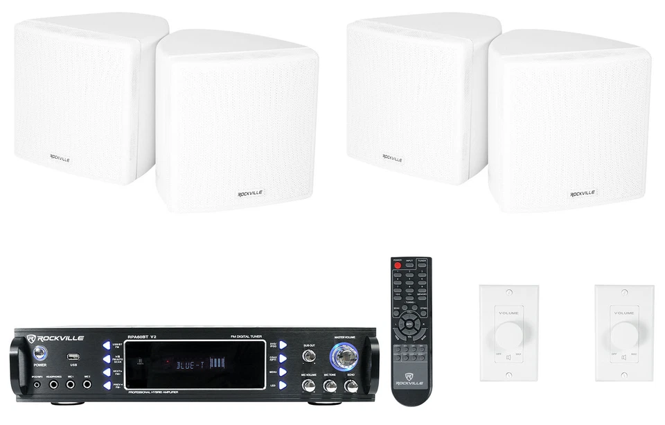 Rockville 2-Room Home Audio Receiver+(4) White 3.5" Cube Speakers+Wall Controls - Image 1 of 4