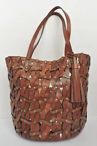 Shopper Patricia Nash Mizzana Toast intrecciata treccia borchie pelle marrone oro nuova con etichette - Foto 1 di 11