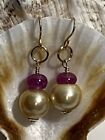 Beautiful Golden South sea Pearl And Ruby Bead Earrings On 14K Gold Filled
