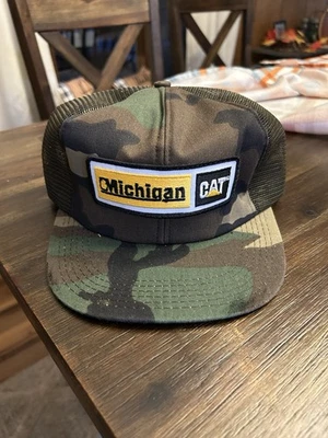 Vintage Michigan CAT Caterpillar Camo Trucker Mesh Snapback Hat USA Tag - Image 1 of 4