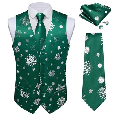  Mens Silk Christmas Vest and Tie Set Holiday Festive Medium Green and Silver - Image 1 of 4