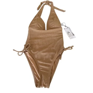 Primark Gold Metallic 1Pc Swimsuit Size 2 XS Glam Halter NWT - Picture 1 of 9