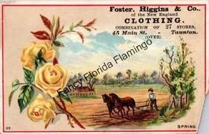 Antique Foster Higgins & Co. Clothing Trade Card Taunton MA Spring Farm Scene - Picture 1 of 2