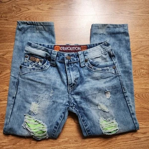 Demolition Jeans Mens Size 30x32 Distressed Hemmed Light Wash Blue Denim Patch - Picture 1 of 11