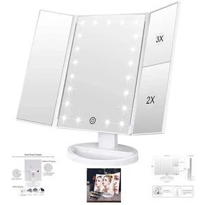 Tri Fold Vanity Mirror Makeup 21 LED Lights Touch Screen 1X/2X/3X Magnification - Picture 1 of 9