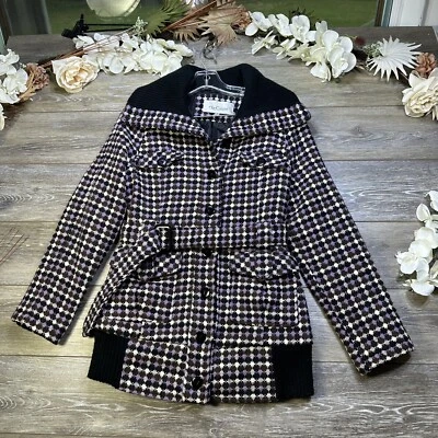 Abrigo vintage Oleg Cassini talla pequeña para mujer a cuadros con cinturón rosa marrón lunares lana Foto 1 de 4