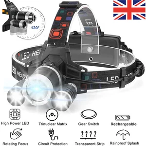 Super Bright Head Torch Headlight LED Zoom Rechargeable Headlamp Camping Fishing - Picture 1 of 10