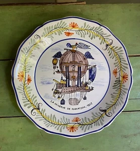 Französischer Nevers Fayence handgefertigter Heißluftballon Robertson's Minerva 1803 Teller - Bild 1 von 5