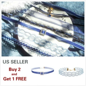 7PCS Blue Lace Choker Flower Tattoo Gothic Vintage Collar Necklace 90s - Picture 1 of 15