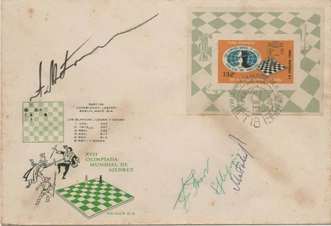 Stamps chess World Chess Olympiad Havana 1966 signed by several great masters Cover