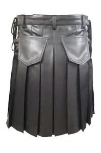 Black Leather Gladiator Kilt Costumes Pleated Flat Front Pocket Wrap - Picture 1 of 4