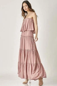 Dusty Rose Pin Stripe Print Tube Maxi Dress - Picture 1 of 6
