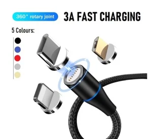 3in1 Magnetic USB Cable 3A FAST Charging Charger Sync Phone Type-C Micro iOS NEW - Picture 1 of 14