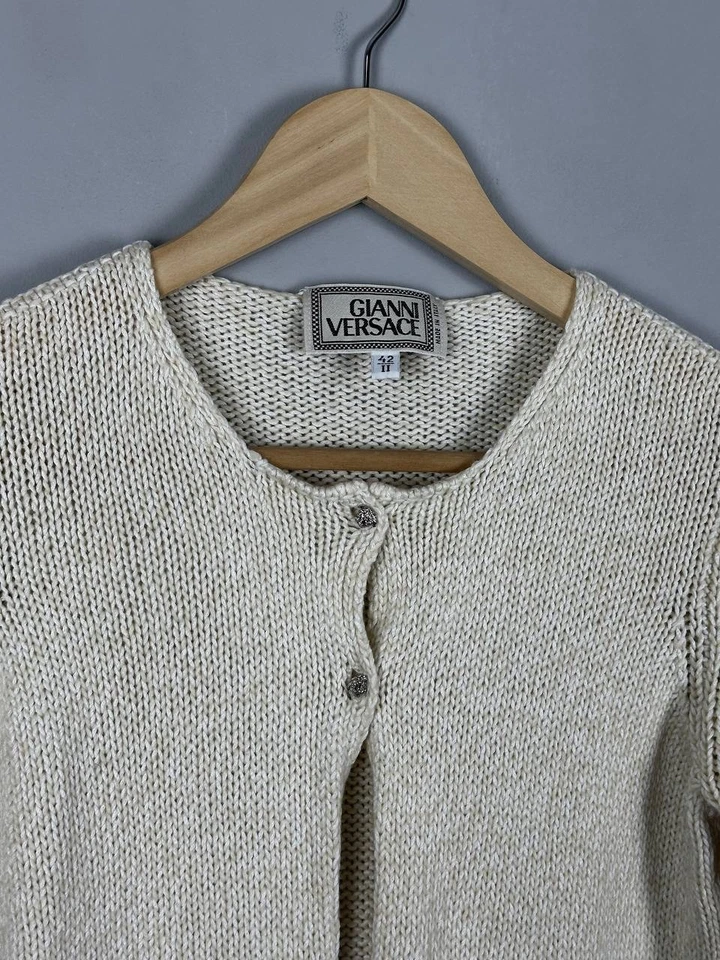 Cárdigan de seda vintage de lujo Gianni Versace plateado Medusa talla 42 Foto 1 de 4