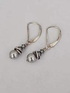 925 Sterling Silver Vintage Faux Silver Pearl Leverback Earring Dangles - Picture 1 of 5