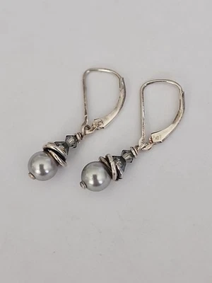 925 Sterling Silver Vintage Faux Silver Pearl Leverback Earring Dangles - Image 1 of 4